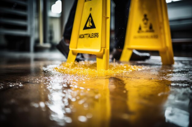 Waarschuwing voor natte vloer Gele staande plastic plank op zijn plaats