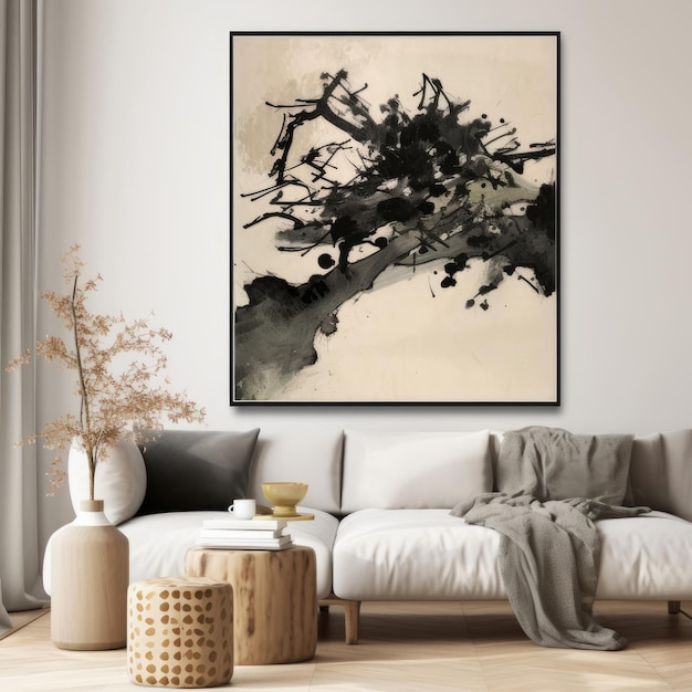 Wabi Sabi Wall Art Black Beige Abstract white theme Painting generative AI