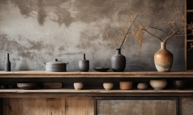 Wabisabi interior with vases on a shelf and table capturing the essence of serene simplicity Rustic wooden shelf displaying a curated collection of vases Created with generative AI tools