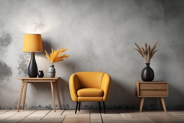 Wabisabi style interior mockup with chair vase and lamp on grunge wall background