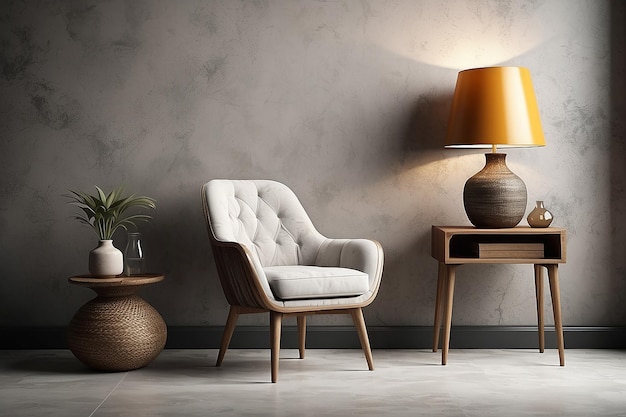 Мокет интерьера в стиле вабисаби с вазой для стула и лампой на фонном стенки
