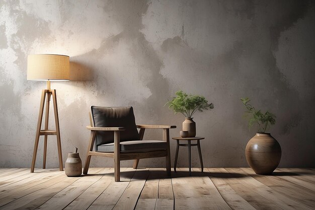 Wabisabi style interior mockup with chairtablevase and floor lamp on grunge wall background3d rendering