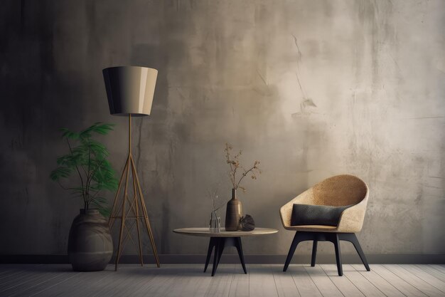 Мокет интерьера в стиле вабисаби с креслой, столом и вазой