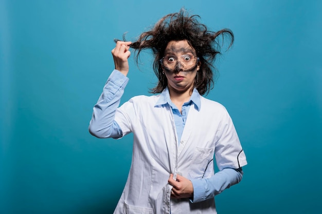 Scienziato pazzo dall'aspetto stravagante e pazzo che afferra i capelli disordinati mentre ha la faccia sporca dall'esplosione su sfondo blu. chimico sciocco pazzo e divertente che si comporta da capogiro dopo un esperimento chimico fallito.