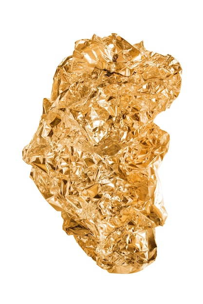 Wad of crumpled golden foil isolated on white background