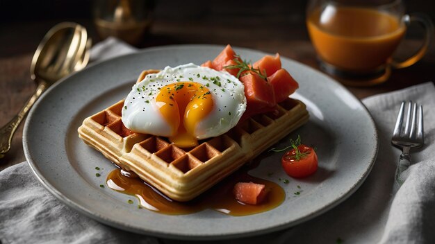 Wafel met gepocheerd ei en rode vis voor het ontbijt