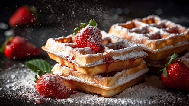 Wafels met aardbeien bestrooid met suikerpoeder Creatieve bron AI Gegenereerd