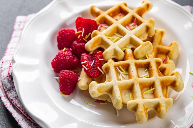 wafels met frambozen Belgisch of Amerikaans dessert fastfood gezonde maaltijd snack op tafel