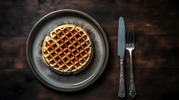 Wafels op een bord met een vork en mes op een houten tafel.