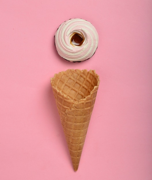 Wafer horn and marshmallow cookies, top view, flat lay, minimalist trend