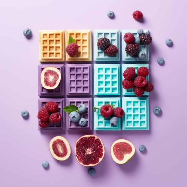 Wafers of different bright colors are laid out evenly on the background decorated with berries