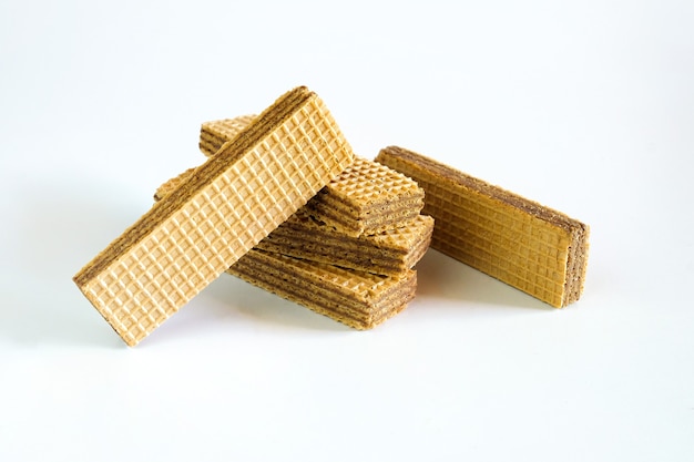 Wafers with chocolate on white background. food health.