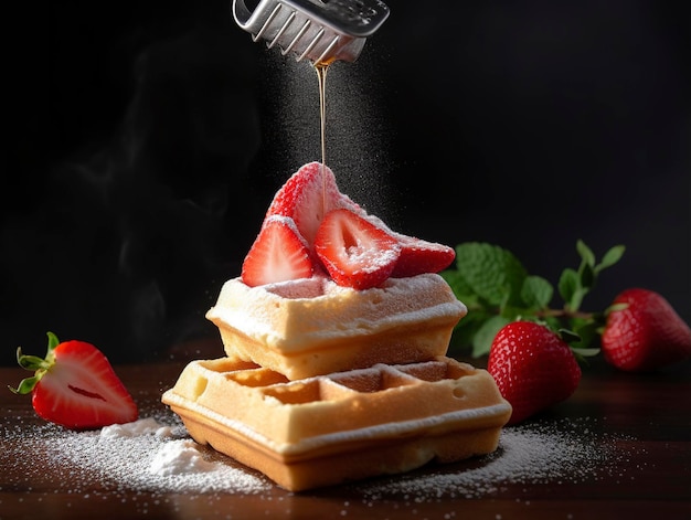 Waffels met aardbeien besprenkeld met suikerpoeder genereren ai