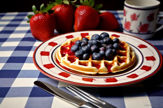 Waffels met aardbeien en bosbessen op een keramische plaat over het tafellak