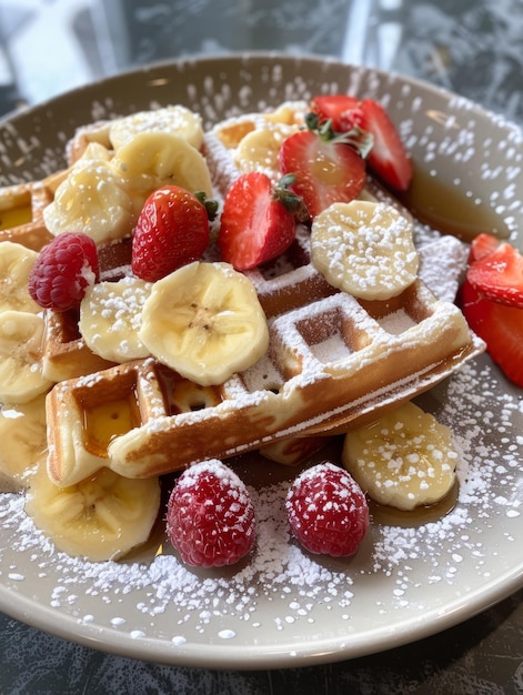 Waffels met bananen en aardbeien op het bord