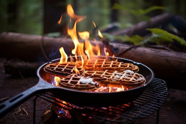 Waffels worden gekookt op een kampvuur tijdens een kampeerreis