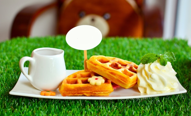 Фото Вафельные и взбитые сливки с медом в белом чашке на белом блюде и зеленой траве