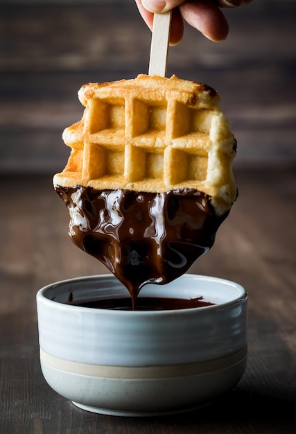 A waffle being dipped into melted chocolate and dripping into a bowl