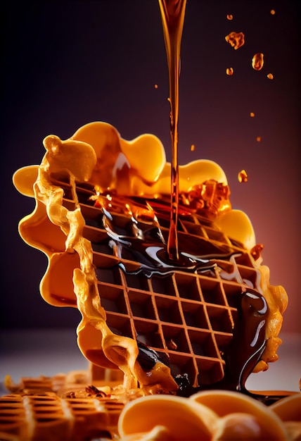 Waffle being drizzled with syrup generative ai