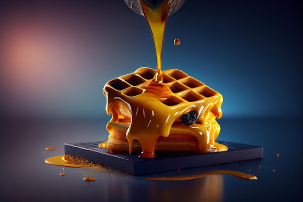 Waffle being drizzled with syrup generative ai