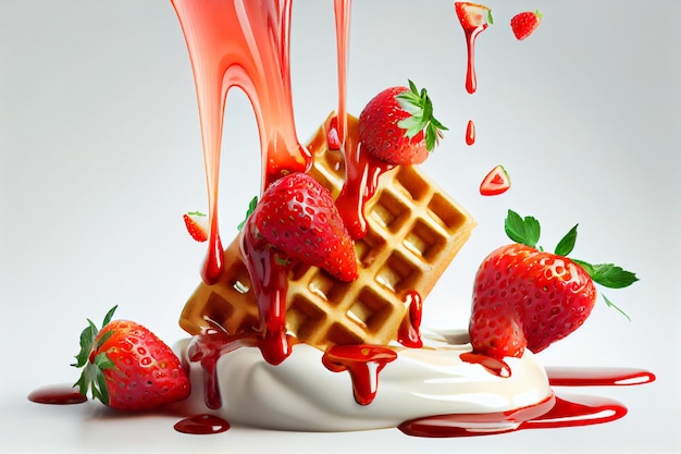 Waffle being drizzled with syrup and strawberries generative ai