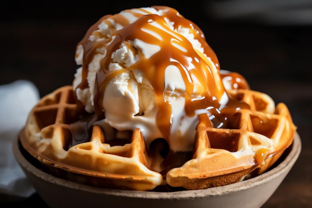 A waffle cone filled with a scoop of vanilla ice cream