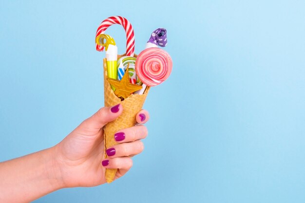 Waffle cone filled with sweets