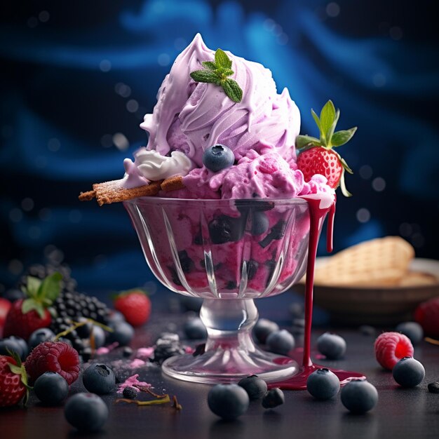 Waffle cone lilac ice cream decorated with berries strawberry generative ai