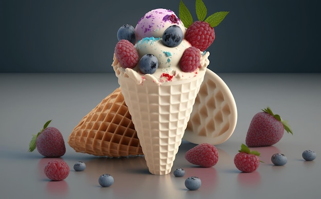 A waffle cone with blueberries and raspberries sits next to a blueberry ice cream cone.