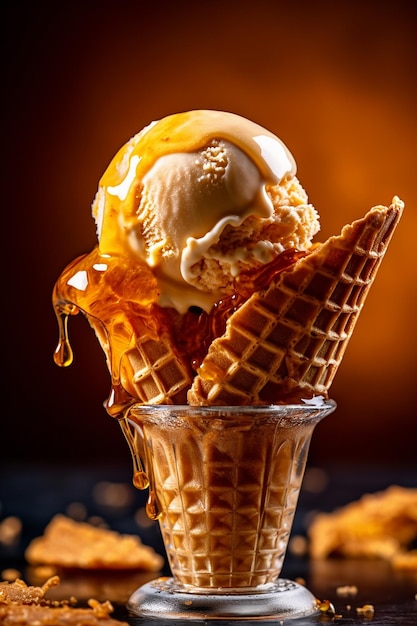 A waffle cone with caramel sauce and caramel sauce on top