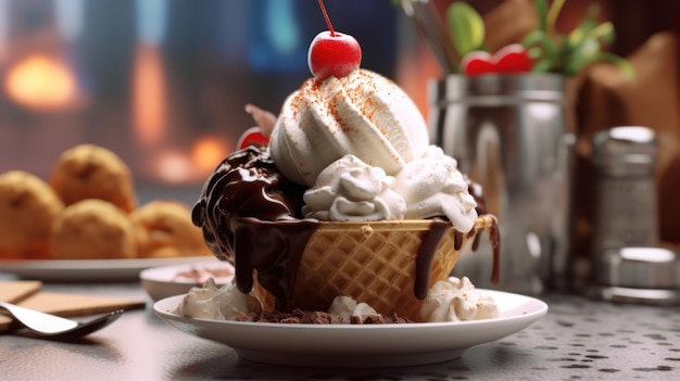 A waffle cone with a cherry on top sits in front of a cup of ice cream