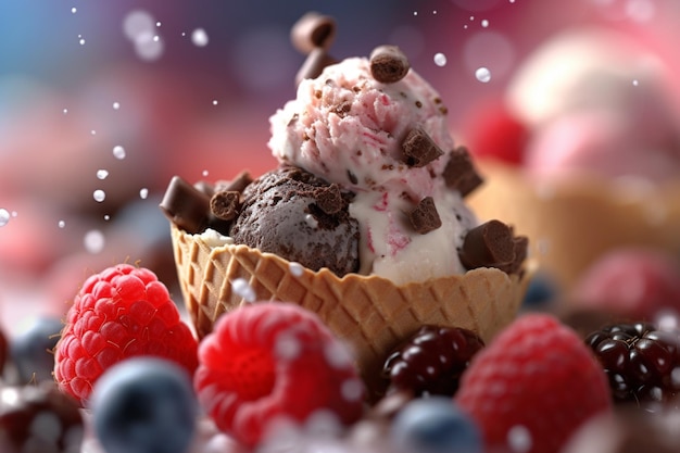 A waffle cone with chocolate and raspberries on top