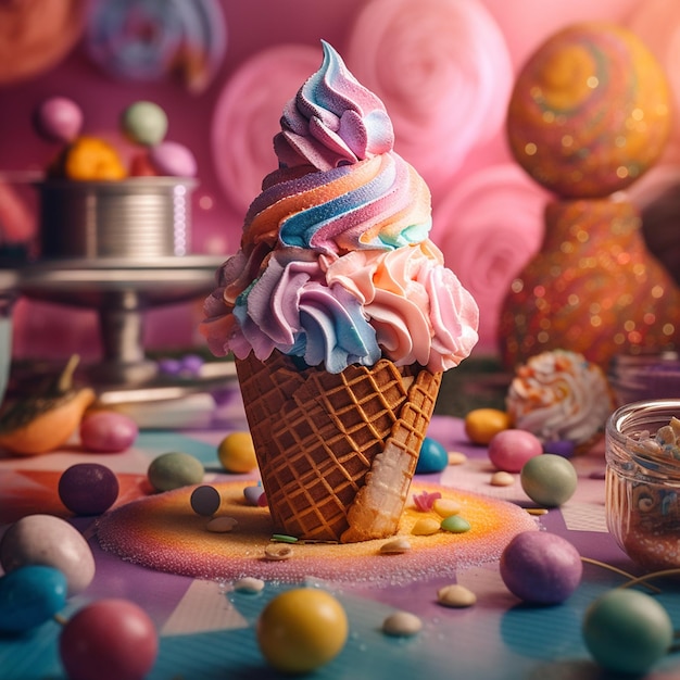 A waffle cone with a colorful design on it and a candy bar in the background.