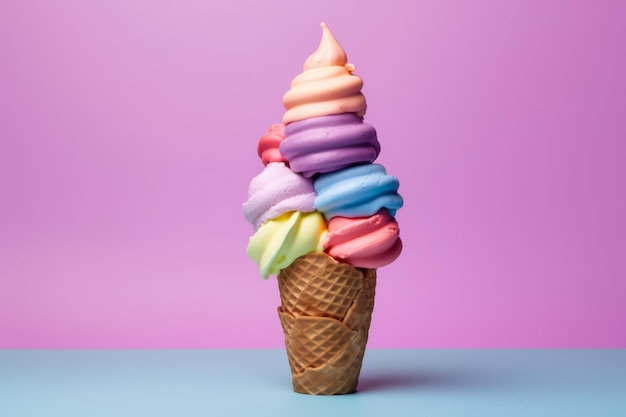 A waffle cone with colorful ice cream on a blue background.