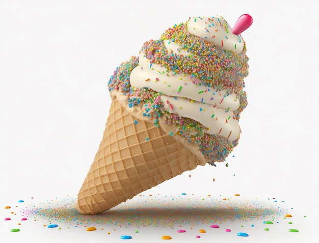 A waffle cone with colorful sprinkles on it