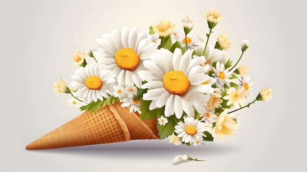 A waffle cone with daisies on it