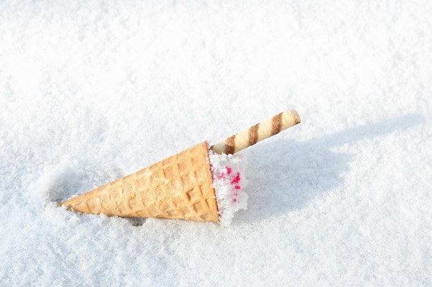 Photo waffle cone with ice cream on snow space for text