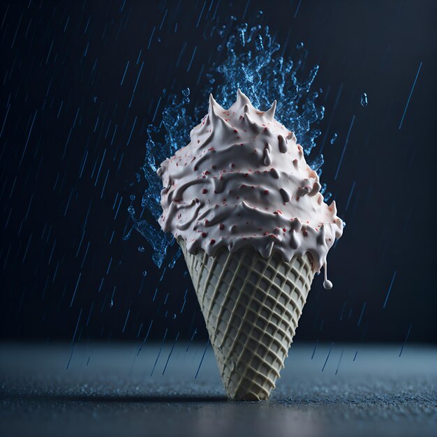 A waffle cone with pink frosting and a blue splash of water in the air.