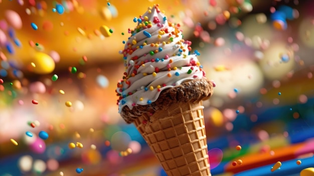 A waffle cone with sprinkles on it is in the air.