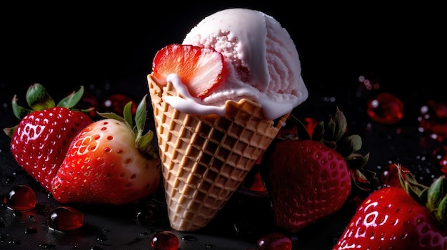 A waffle cone with strawberry on it