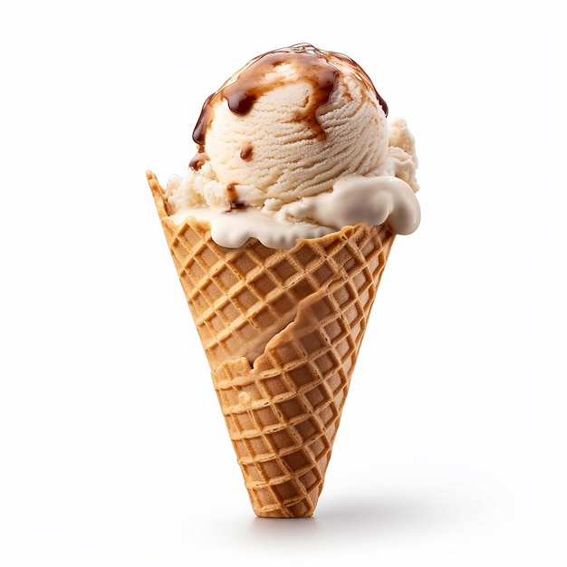 A waffle cone with vanilla ice cream and caramel sauce