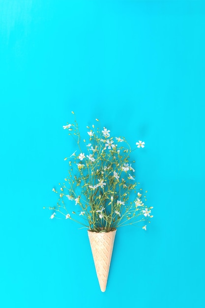 Waffle cone with white flowers blossom bouquets on blue surface Flat lay top view sweet food floral background