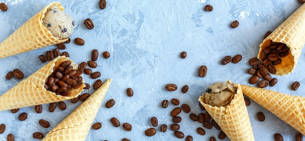 Waffle cones with coffee ice cream and beans