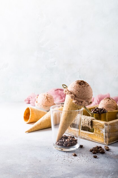 Waffle cones with coffee ice cream