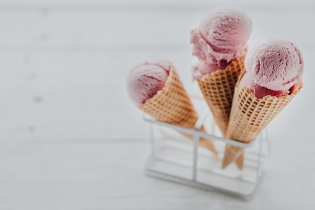 Waffle cones with fresh ice-cream