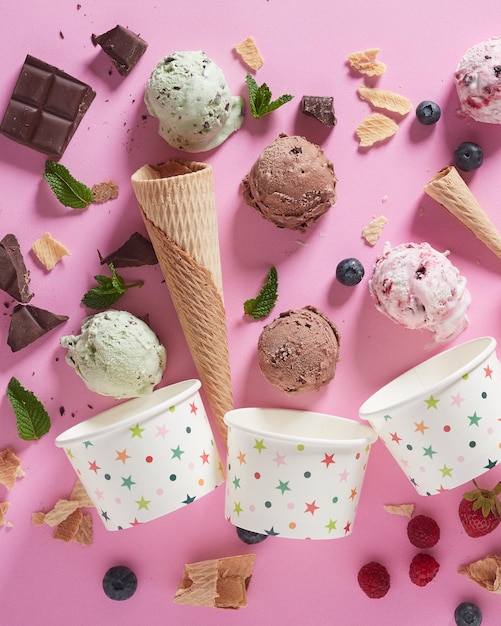 Waffle cones with ice cream balls