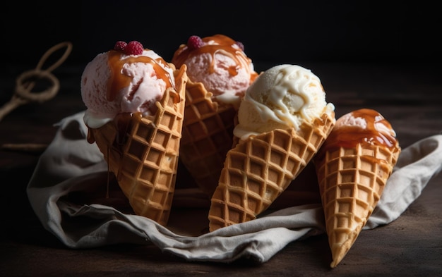 Waffle cones with ice cream