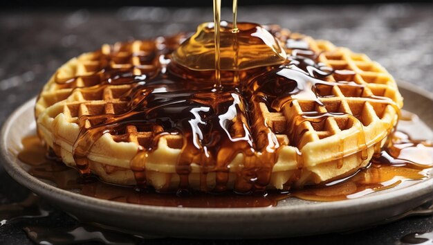 A waffle covered in syrup and drizzled with syrup