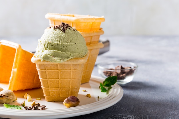 Waffle cups with pistachio ice cream