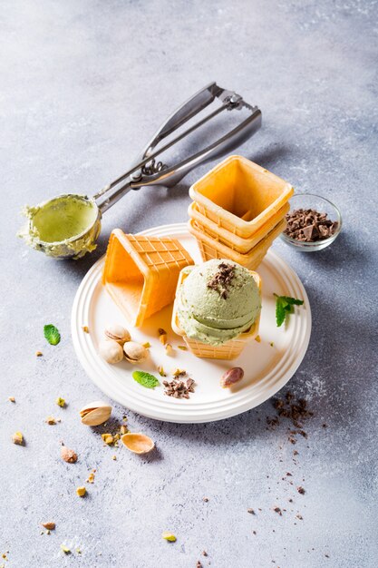 Waffle cups with pistachio ice cream